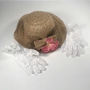 Women Tea Party themed adult Straw Wide Classic Brimmed Hat White Lace Gloves